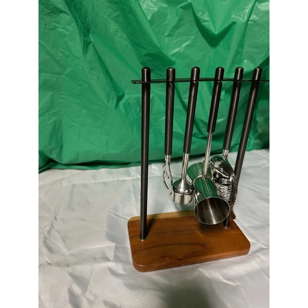 Bar Tool Set w/ Wooden Stand‎ Stainless Steel Cocktail Tools Home Bar